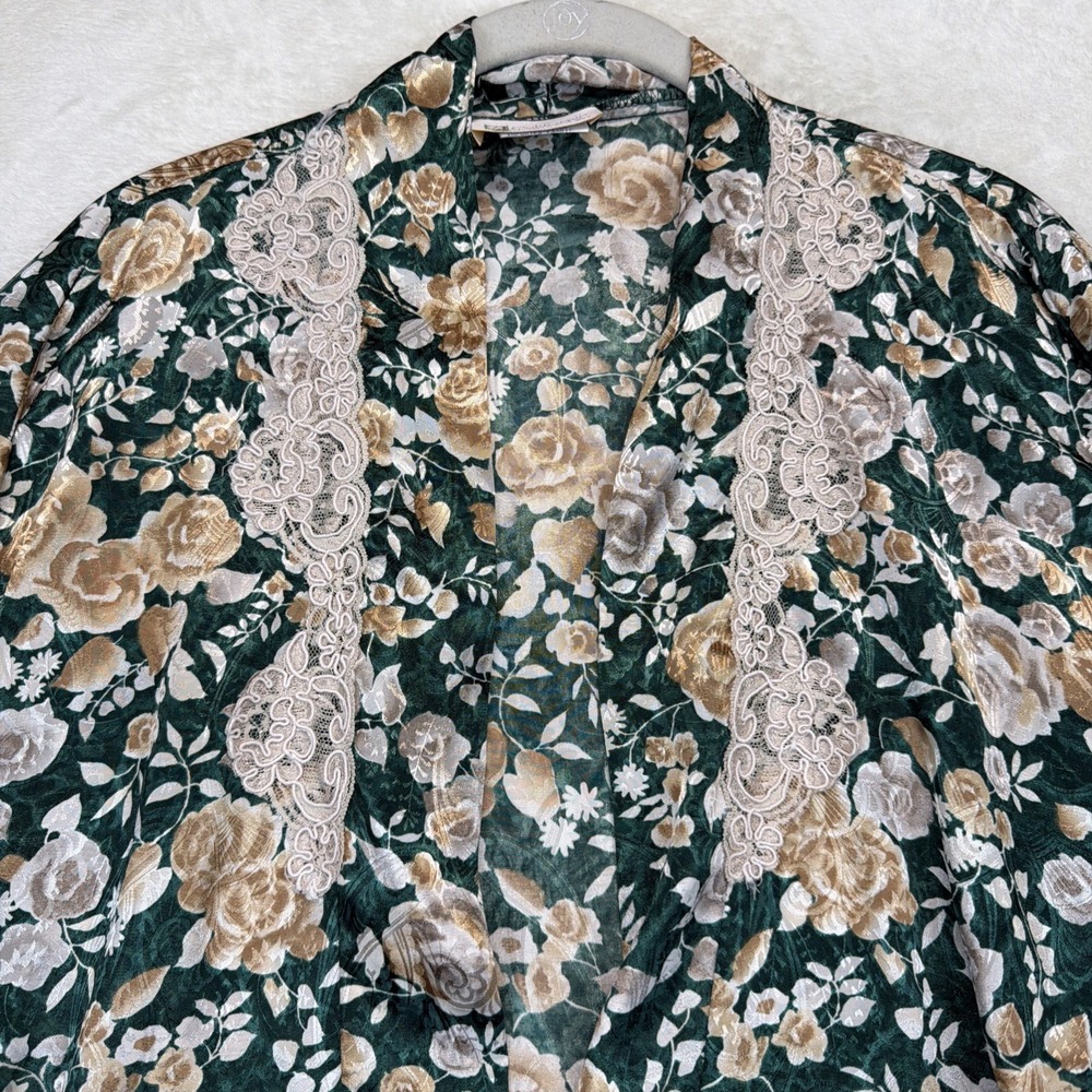 California Dynasty Robe Women's S Floral Lace Trim‎ Tie Front Cottage Vintage